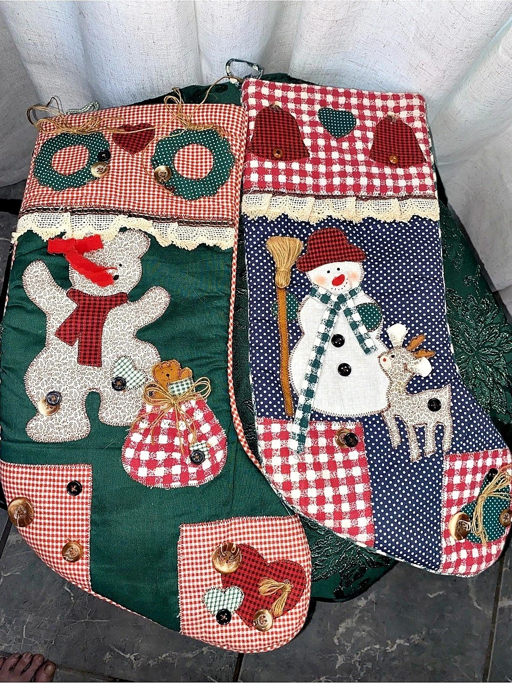Set of 2 Vintage Country Farmhouse Patchwork Christmas Stockings Applique Folk